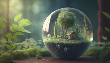A miniature world inside a glass globe, nestled in a lush forest. Serene and enchanting.の写真素材