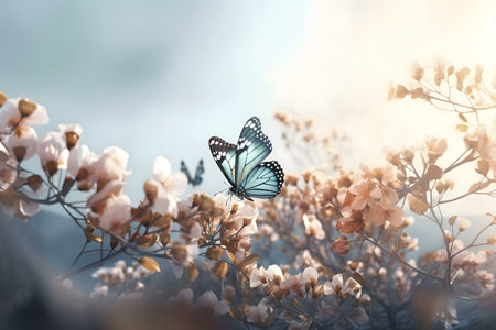 A serene image depicting a butterfly amidst delicate spring blossoms, evoking feelings of peace and beauty.の写真素材
