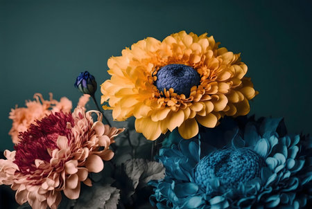 Close-up of vibrant flowers, showing rich colors and textures. A stunning still life composition.