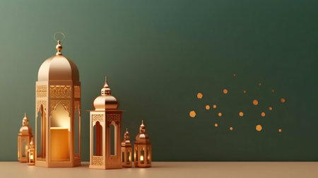 Elegant golden lanterns illuminate a festive scene, celebrating Ramadan.の写真素材