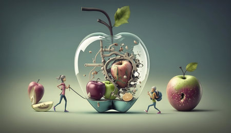 Surreal artwork depicting a journey towards wellness, symbolized by tiny figures pulling a giant apple filled with machineryの写真素材