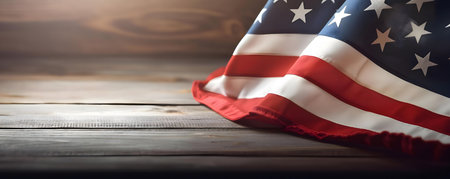 Close-up of a folded American flag on a rustic wooden surface.の写真素材
