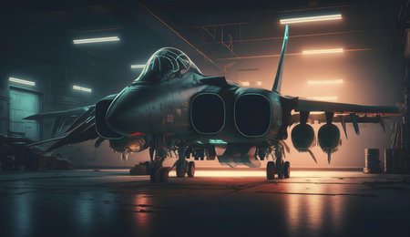 A futuristic military jet inside a hangar, lit by neon lights.