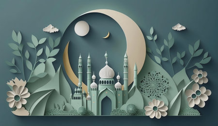 Papercut illustration of a peaceful mosque scene under a crescent moon, celebrating Ramadan.の写真素材