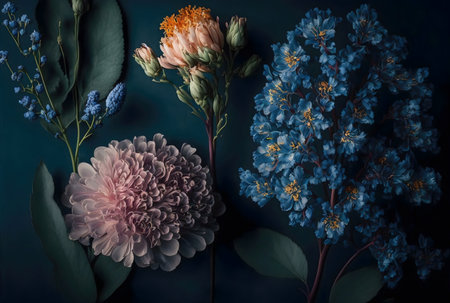 A mesmerizing close-up of assorted flowers against a deep blue backdrop, showing their intricate details and rich colors.の写真素材