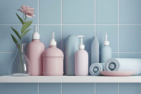 Pastel-colored bottles, soft towels, and a delicate rose create a serene bathroom setting.の写真素材