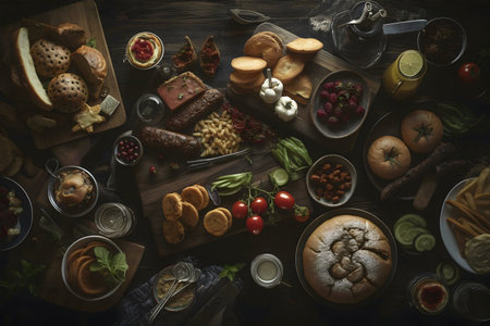 Overhead shot of a lavish spread of artisanal food items. A dark and moody aesthetic.の写真素材