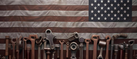 A collection of tools arranged on an American flag, celebrating American labor and craftsmanship.の写真素材