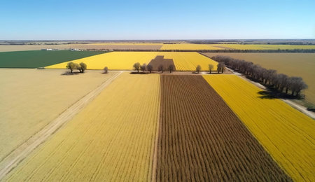 Stunning aerial shot of diverse crops, showcasing vibrant yellow and brown fields.
