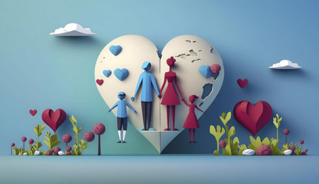 Papercraft family standing on a heart-shaped world. Symbolizing global family loveの写真素材