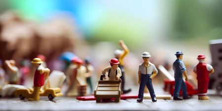 Close-up of miniature worker figures engaged in various tasks.の写真素材