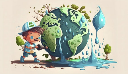 A cute cartoon boy diligently waters a thirsty Earth, symbolizing the importance of environmental conservation and global responsibility.の写真素材