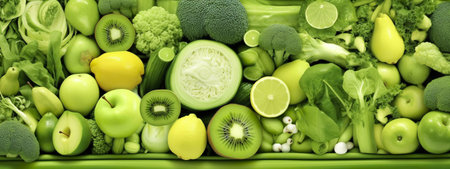 A vibrant collection of fresh green fruits and vegetables, showing a healthy and nutritious diet.の写真素材