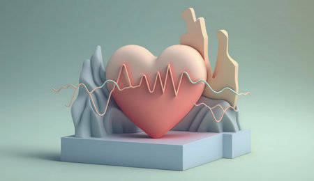 Abstract 3D rendering of a heart with a heartbeat line, symbolizing cardio health and wellness.の写真素材