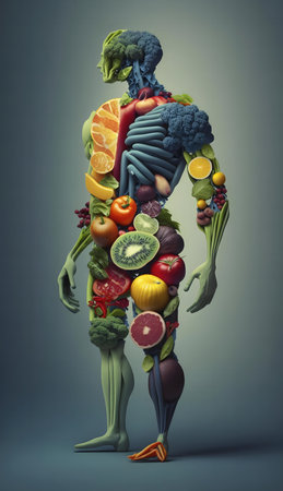 A 3D illustration showing a human figure made entirely of fruits and vegetables, promoting healthy eating and nutrition.の写真素材