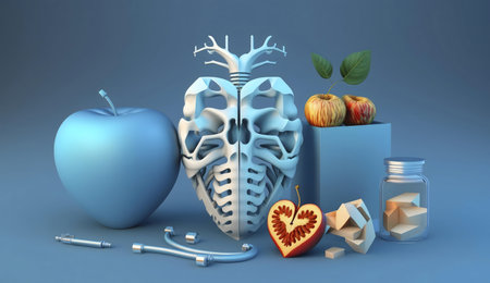 A 3D rendered still life featuring an anatomical heart, apples, and sugar cubes.の写真素材