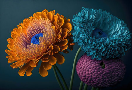 Three stunning flowers, orange, blue, and purple, create a vibrant still life. Macro shot shows intricate details.の写真素材