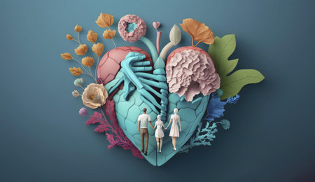 Surreal artwork depicting a heart with floral elements and a couple.の写真素材
