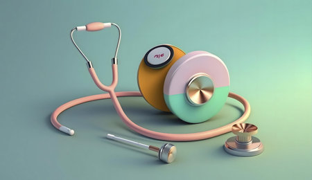 Pastel colored medical illustration of a stethoscope and other health equipment.の写真素材