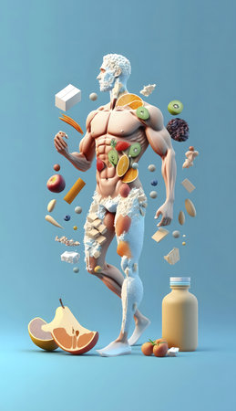 3D rendering of a muscular figure composed of various healthy foods, symbolizing the importance of nutrition for fitness and well-being.の写真素材
