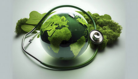 A green globe with a stethoscope represents global environmental health and well-being.の写真素材