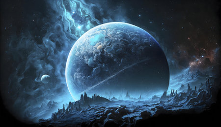 A digital painting of a planet in space, surrounded by nebula and stars. Cold, serene and majestic.