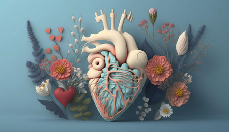 A 3D rendered image of a human heart surrounded by pastel flowers. Symbolic of love and health.の写真素材
