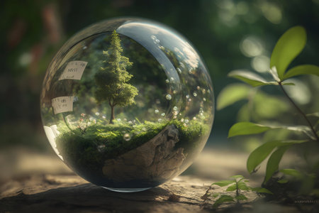 A small glass sphere containing a miniature world with a tree, moss, and bubbles.の写真素材