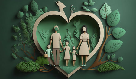 Papercut illustration of a family protected by nature's embrace.の写真素材