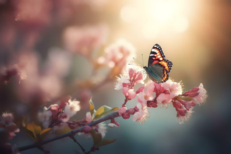 A butterfly rests on a blossoming branch bathed in soft sunlight. A stunning scene of nature's beauty.の写真素材