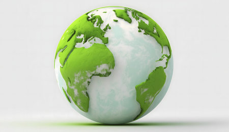 A vibrant 3D model of planet Earth, showcasing continents in shades of green against a soft white...
