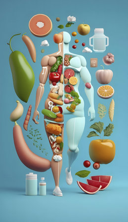 3D render of a body composed of various healthy foods. Promoting healthy eating and wellness.の写真素材
