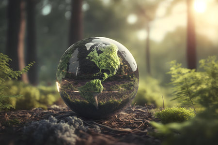 A crystal globe depicting Earth rests in a lush forest, symbolizing environmental protection.の写真素材
