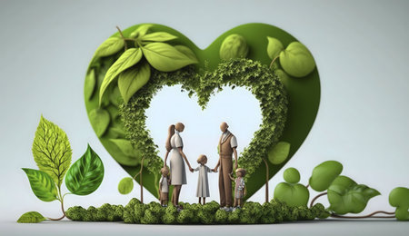 A 3D illustration of a family standing within a heart-shaped frame of green leaves. Symbolizing family, nature and love.の写真素材