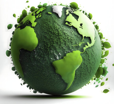 Green Earth globe surrounded by leaves, symbolizing environmental care.の写真素材