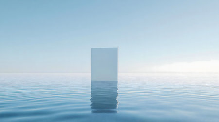 A single white rectangle floats on a calm, blue sea. Minimalist design.の写真素材