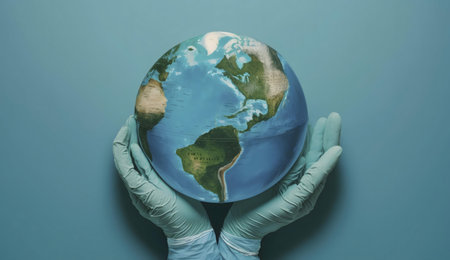 Hands in gloves hold a globe, symbolizing global health and environmental protection.の写真素材