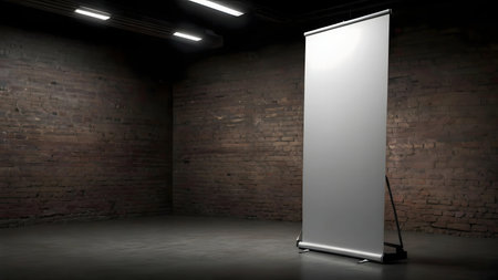 A blank roll-up banner stands in a dimly lit brick room, offering a clean backdrop for your designs.