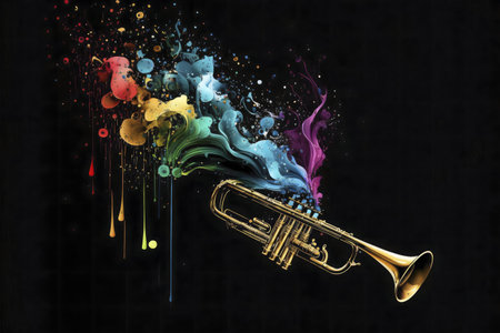 A golden trumpet with colorful paint splashesの写真素材