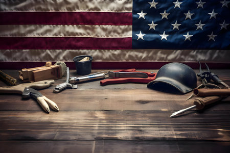 Veteran's Day tribute showcasing tools & helmet against American flag.の写真素材