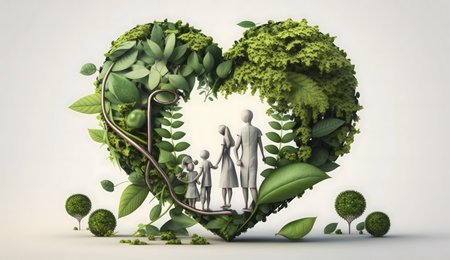 A 3D rendered image depicting a family standing within a heart-shaped cluster of lush green foliage.の写真素材