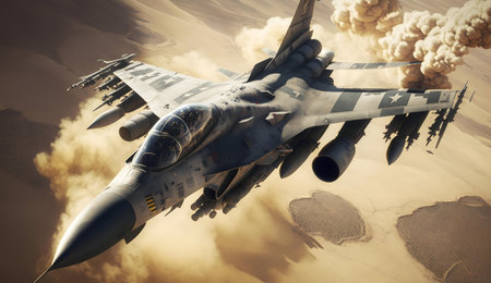 A powerful fighter jet soaring through a desert sky, leaving a trail of dust and smoke.