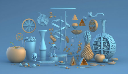 A vibrant 3D render showcasing a surreal still life. Pastel hues and unusual objects create a dreamy...