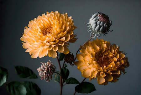 Close-up of yellow dahlias and gray flower bud. Elegant floral composition.の写真素材