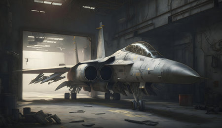 A weathered military jet rests in a derelict hangar, evoking a sense of forgotten power.