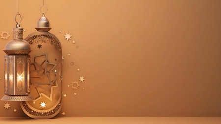 Elegant Ramadan lanterns and stars on a brown backgroundの写真素材
