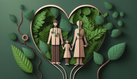 A heartwarming illustration of a family of doctors, amidst lush greenery, symbolizing the connection between family, health, and nature.の写真素材