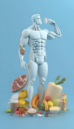 3D render of a muscular figure surrounded by various healthy foods. A concept of nutrition and...