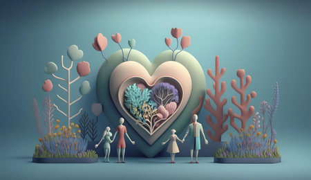 A 3D rendered image depicting a family standing before a giant heart filled with flowers.の写真素材