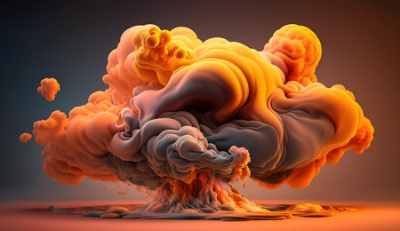 Stunning abstract image of an ink explosion. Vivid orange and gray swirls create a dynamic and...